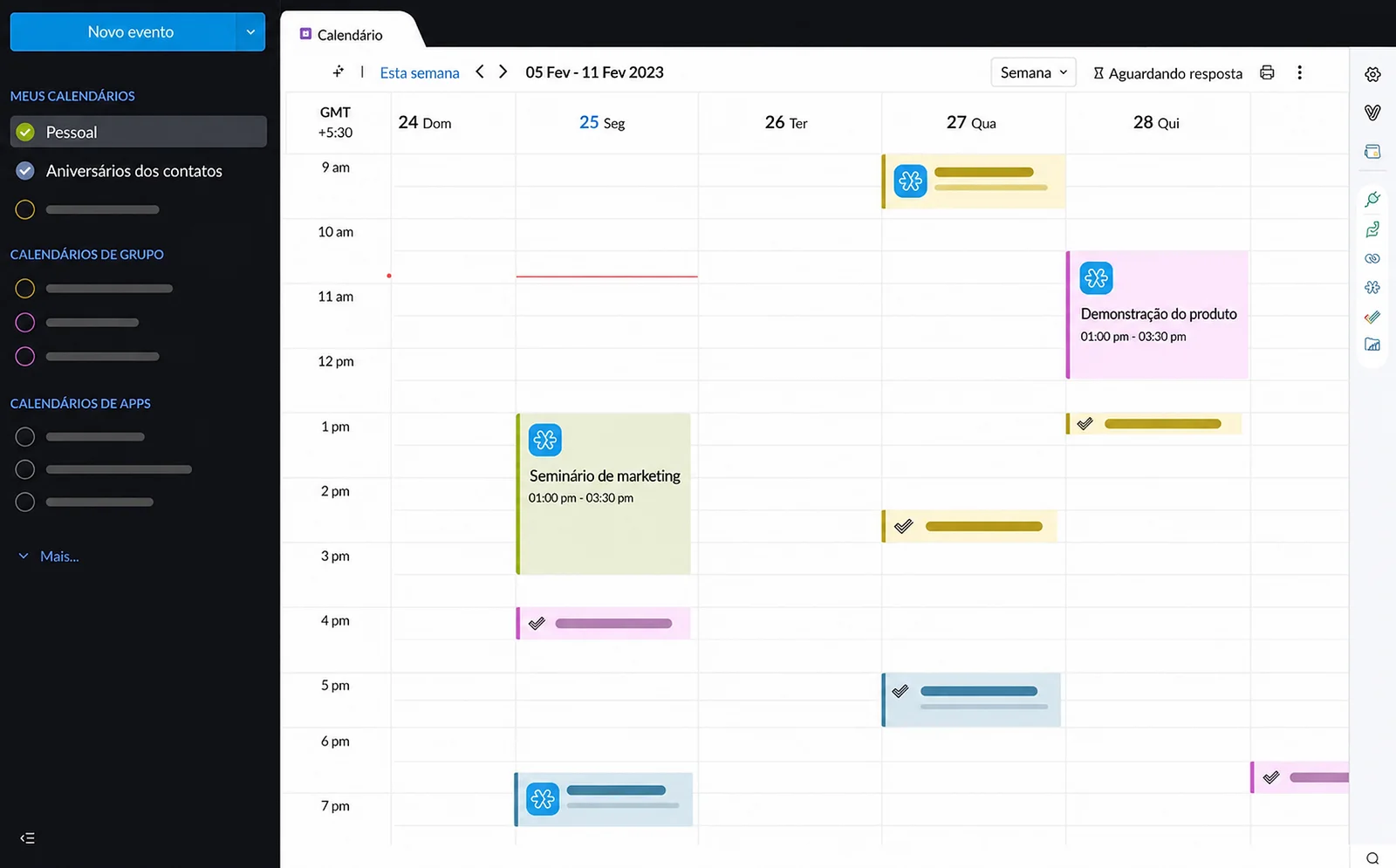 Interface do Zoho Calendar em português integrada ao ambiente de trabalho